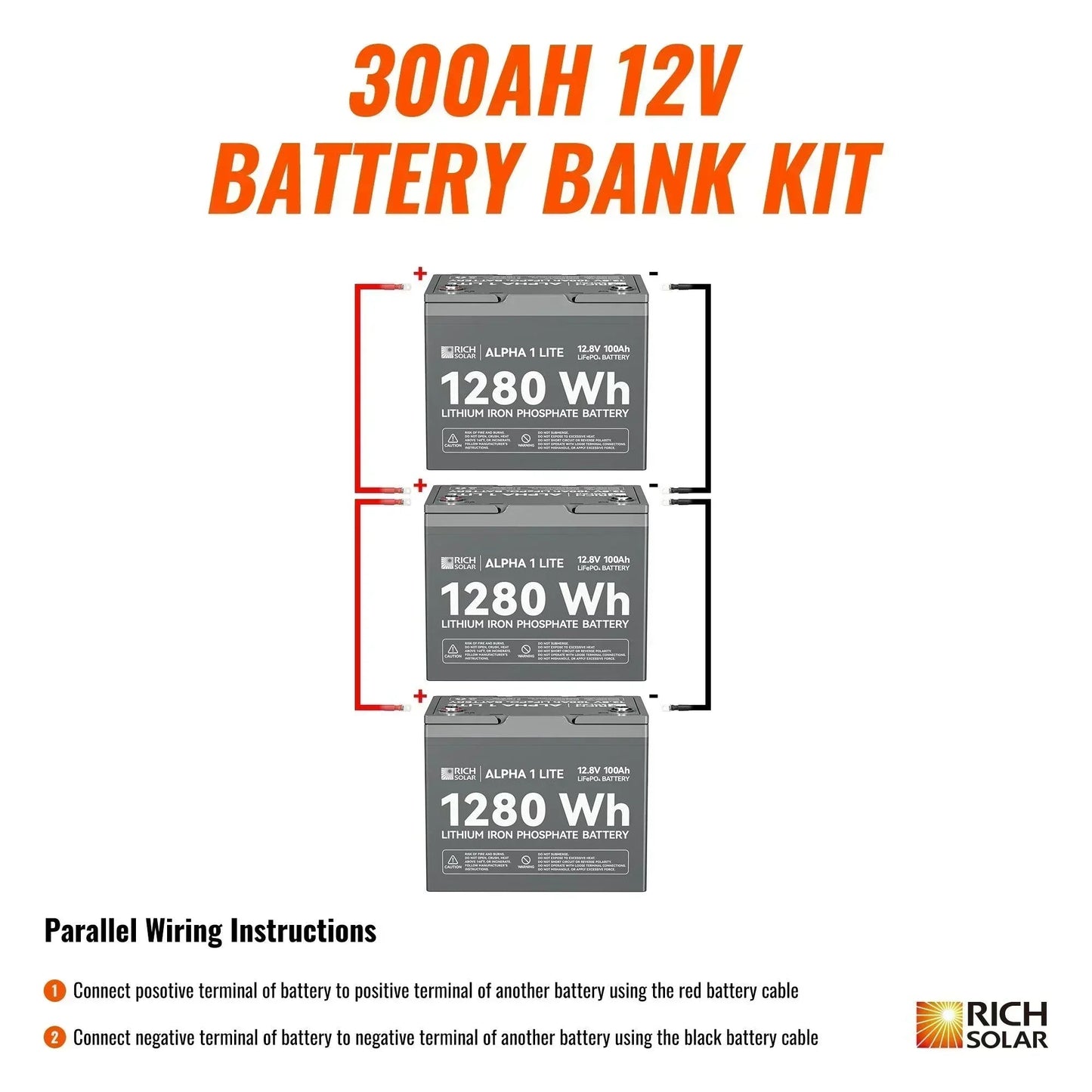 Rich Solar - 300Ah 12V LiFePO4 Off-Grid Battery Kit | 3.8kWh Deep Cycle Lithium Battery Bank | 3 X ALPHA 1 LITE in Parallel