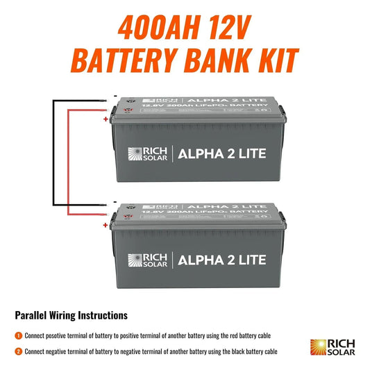 Rich Solar - 400Ah 12V LiFePO4 Off-Grid Battery Kit | 5.12kWh Deep Cycle Lithium Battery Bank | 2 X ALPHA 2 LITE in Parallel