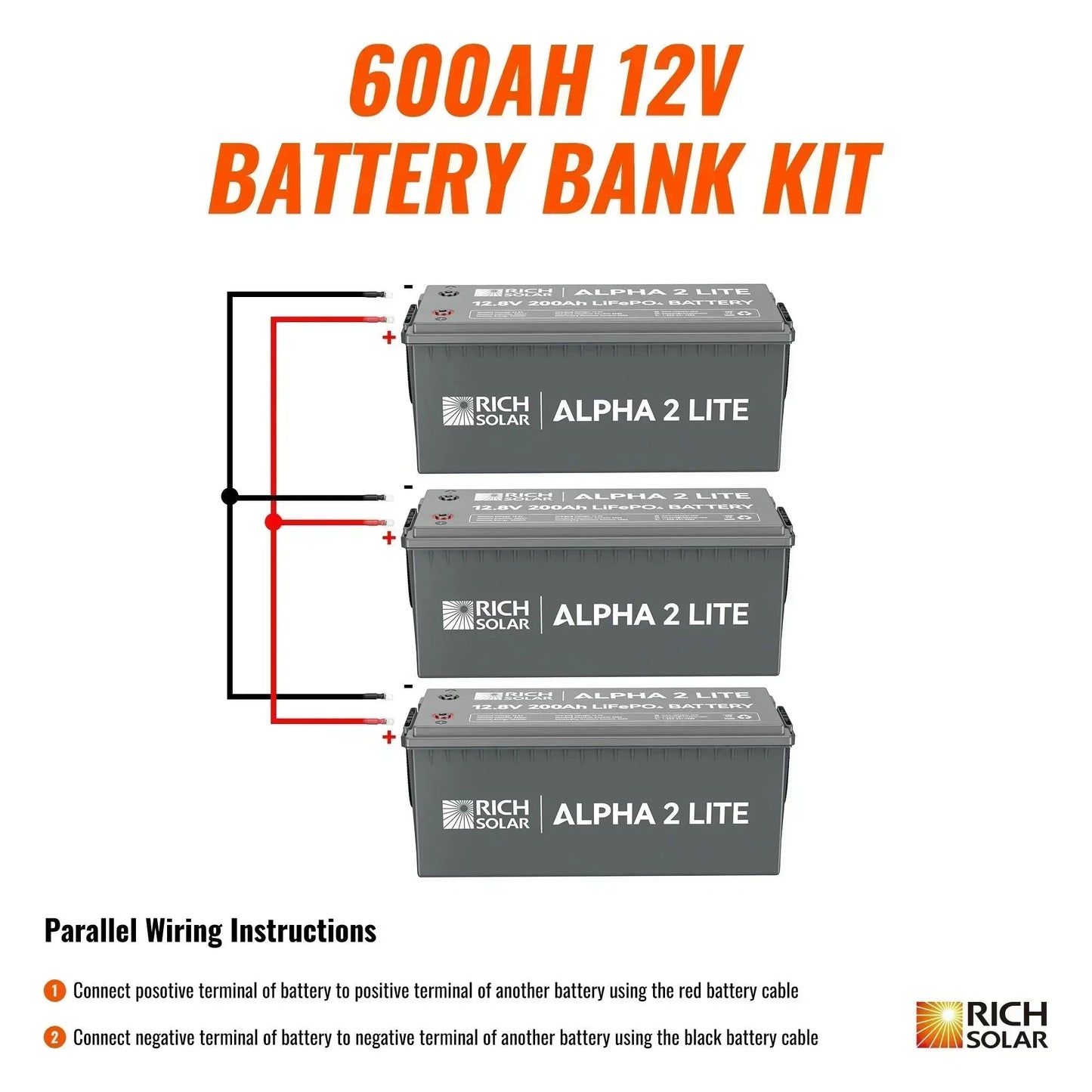 Rich Solar - 600Ah 12V LiFePO4 Off-Grid Battery Kit | 7.6kWh Deep Cycle Lithium Battery Bank | 3 X ALPHA 2 LITE in Parallel