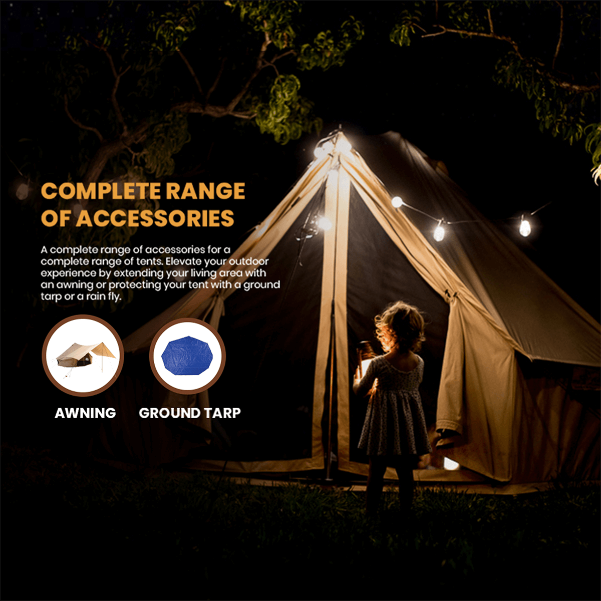 Tent with child at night, promotional text for tent accessories.