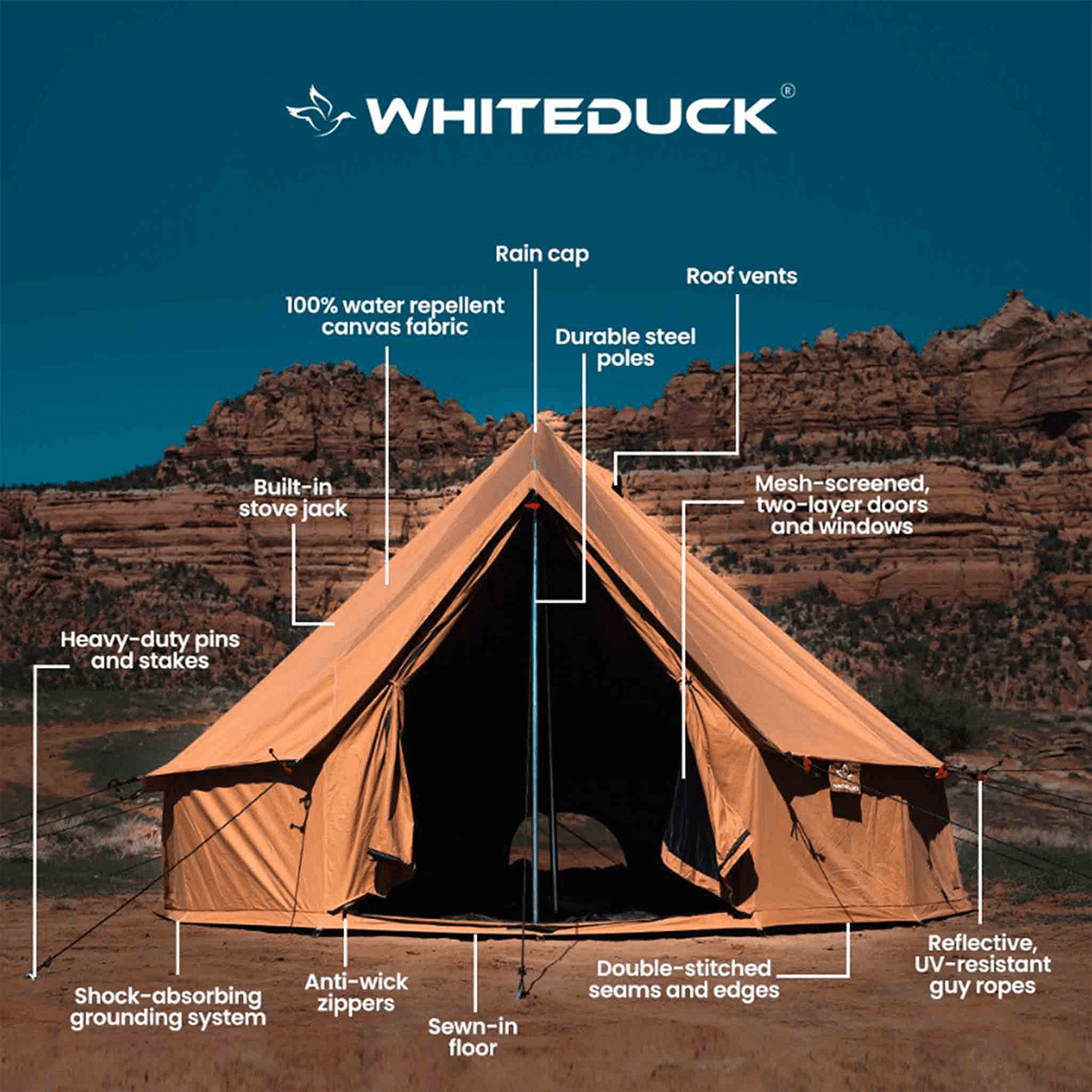 Brown camping tent with features labeled against a desert landscape background, featuring the Whiteduck brand.