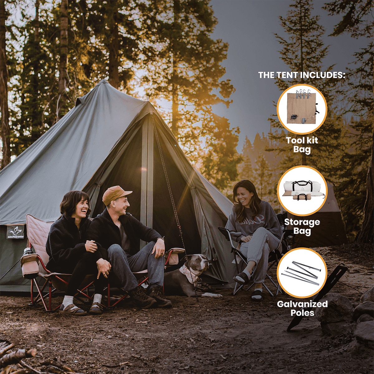 People sitting in front of a tent with camping gear features displayed.