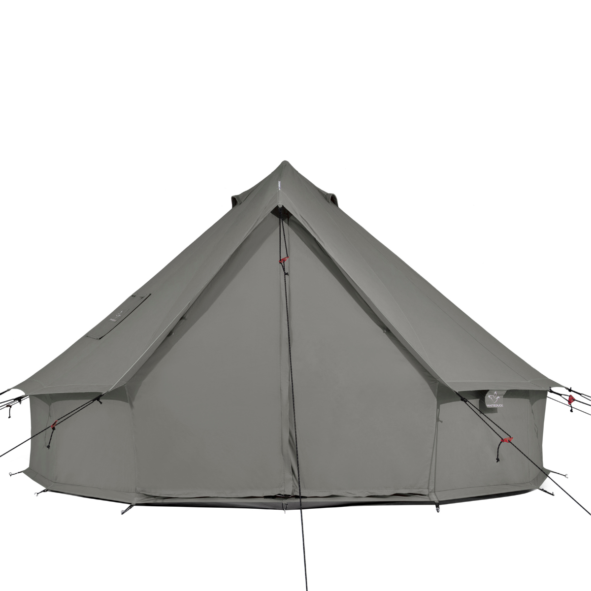 Gray tent with black stakes on a white background