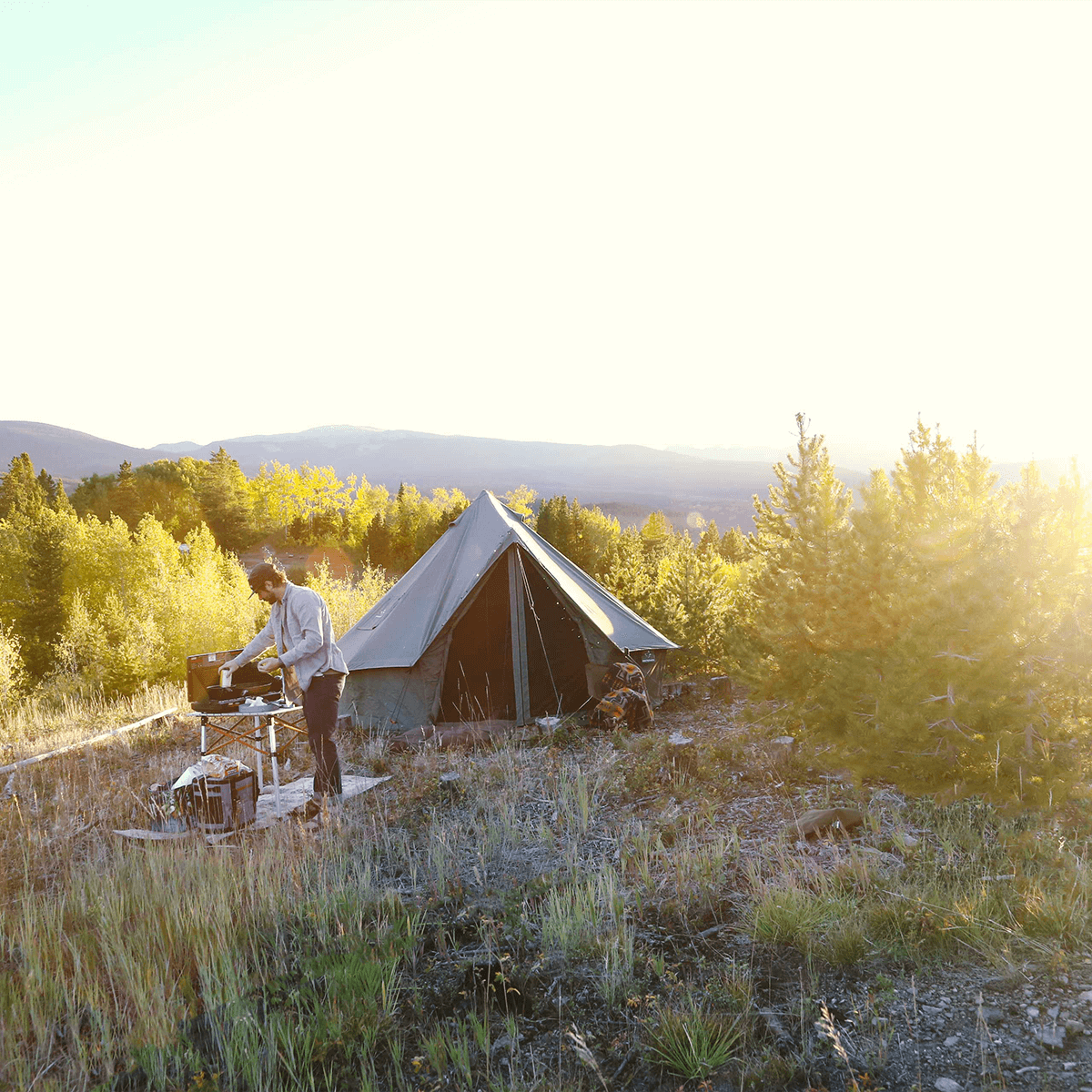 Person cooking outdoors next to a tent in a forested area with mountains in the background
