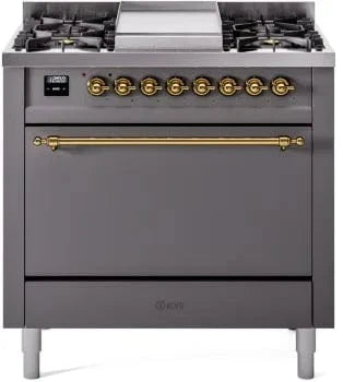 ILVE Nostalgie II 36 " Dual Fuel Natural Gas Range, Graphite Matte Brass Trim, UP36FQNMPMGG