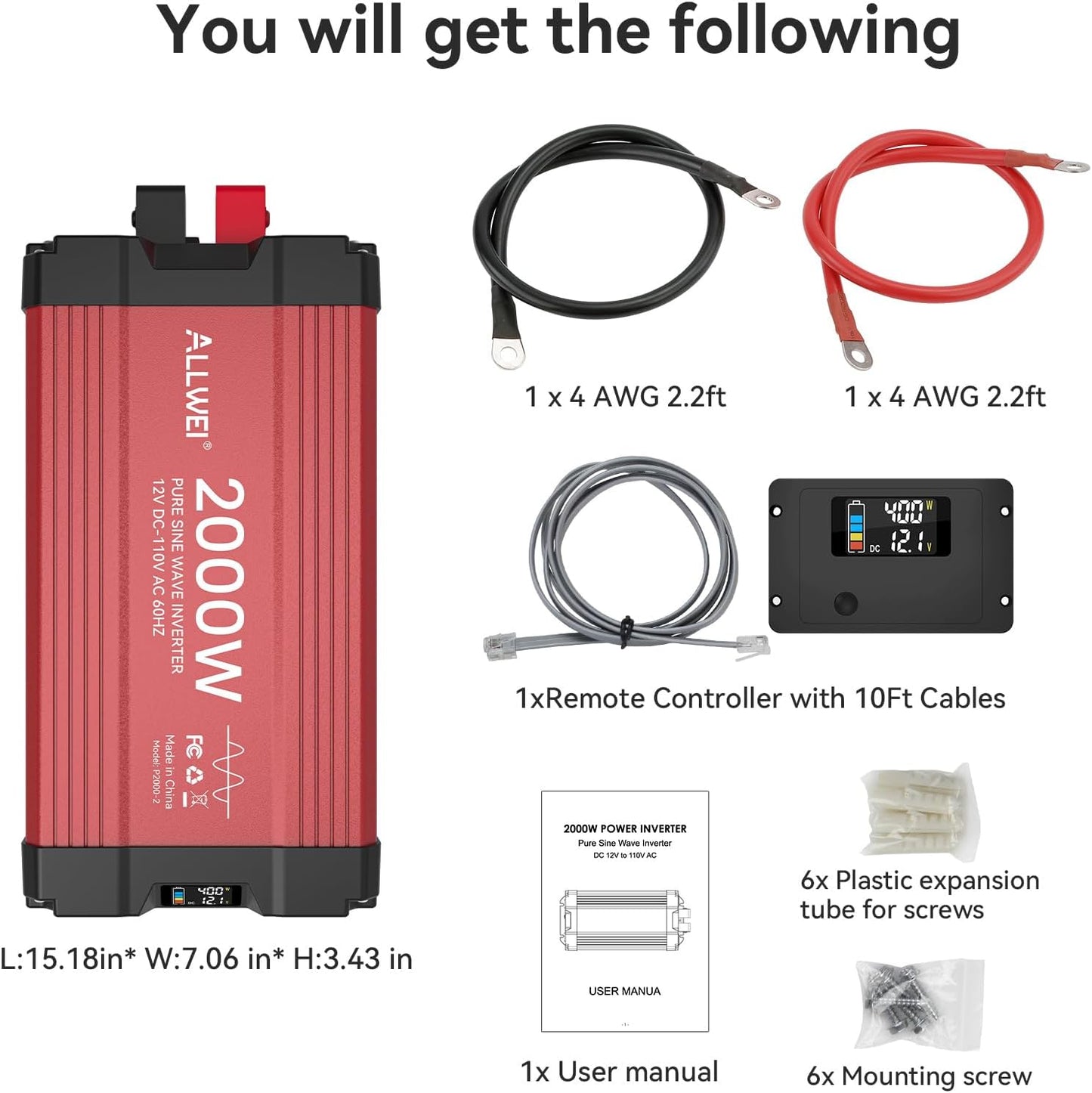 ALLWEI 2000W Pure Sine Wave Inverter - 12V DC to 110V AC Power Converter