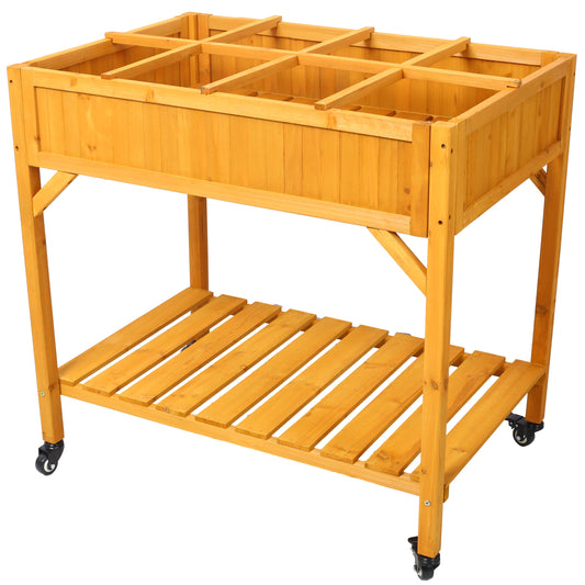 PolyTEAK Elevated 8 Pocket Garden Bed on Wheels for Flowers, Herbs, and Vegetables with Storage Shelf & Drainage Holes