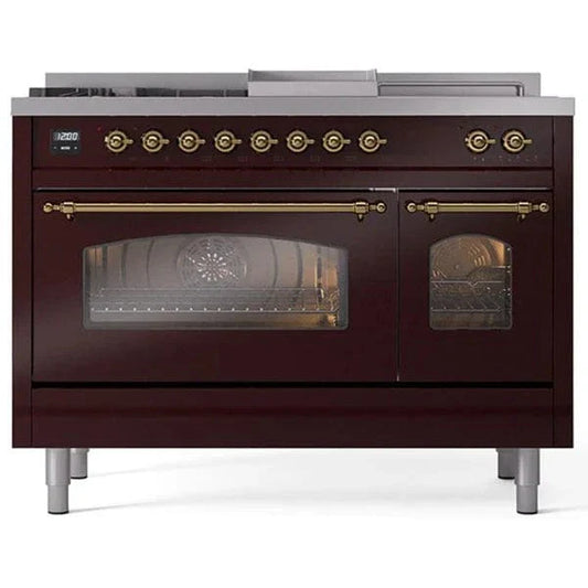 ILVE Nostalgie II 48" Dual Fuel Natural Gas Range Burgundy Brass Trim UP48FSNMPBUG