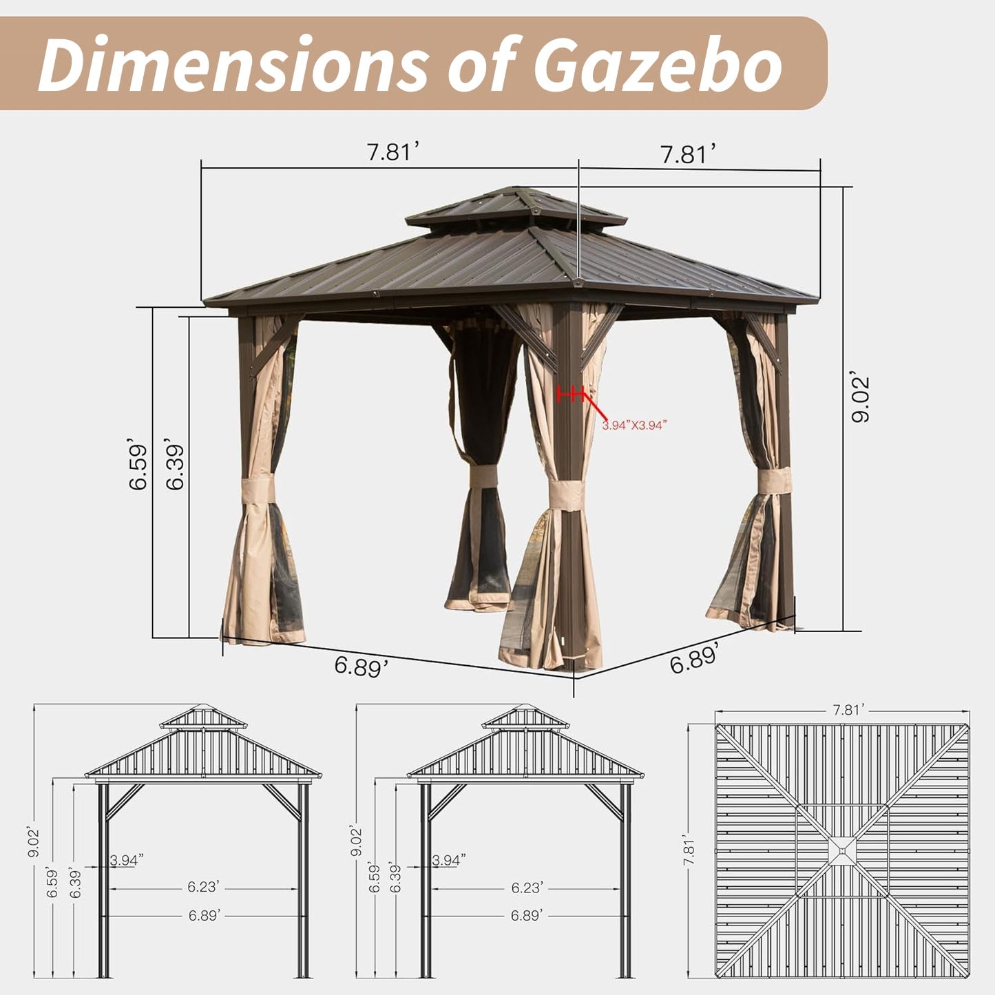 PolyTEAK All-Season 8x8ft Hardtop Gazebo: Aluminum Frame, Double Roof, Curtains, & Netting for Protection from Sun, Rain, & Snow