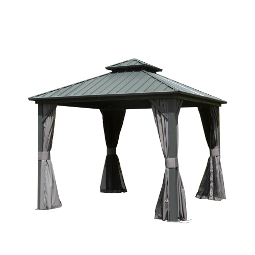 PolyTEAK All-Season 8x8ft Hardtop Gazebo: Aluminum Frame, Double Roof, Curtains, & Netting for Protection from Sun, Rain, & Snow