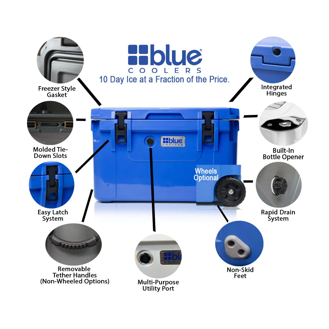 Blue Coolers 60 Quart Ice Vault Roto-Molded Cooler with Wheels