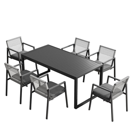 PolyTEAK Modern 7-Piece Outdoor Dining Table & Woven Back Chair Set