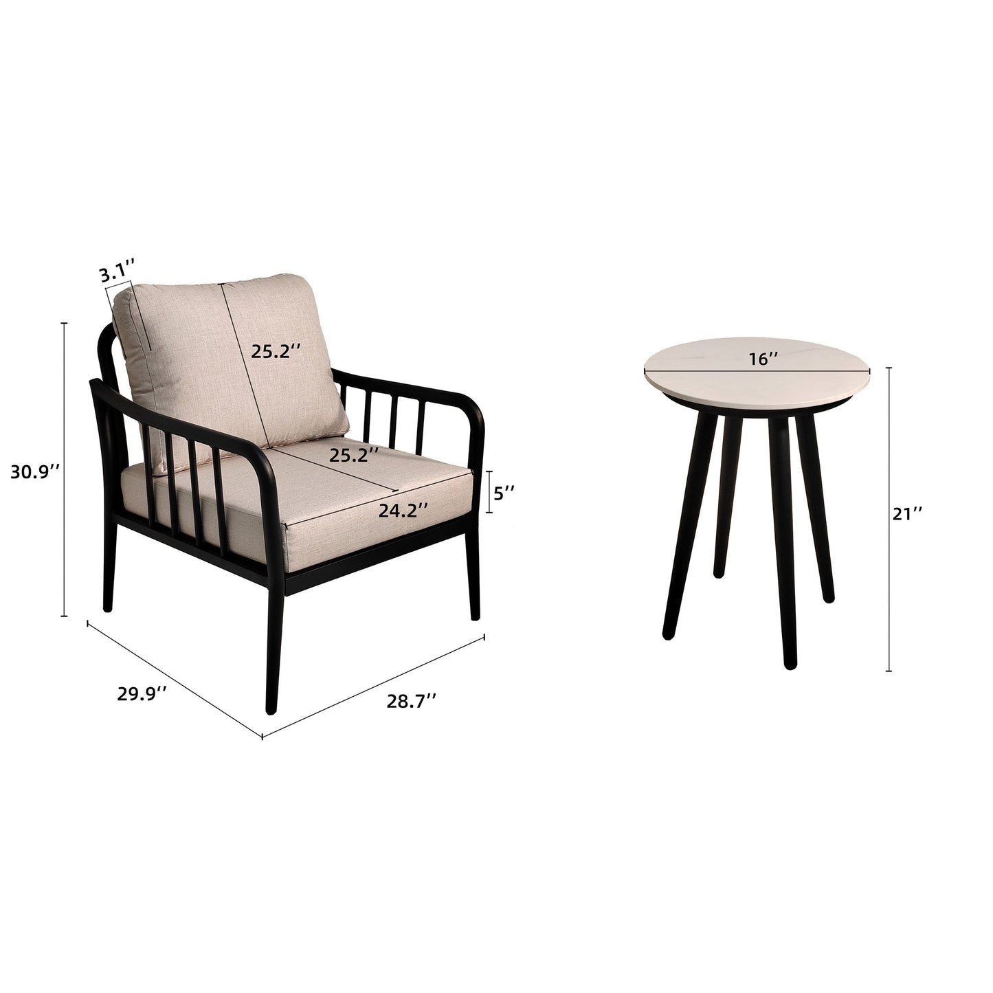 PolyTEAK 3-Piece Modern Conversation Set: Aluminum Patio Club Chairs with Plush Cushions & Marble-Look Side Table