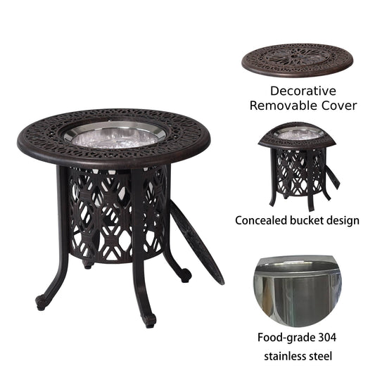 PolyTEAK 21" Cast Aluminum Ice Bucket Table with Hand-Brushed Bronze Patina Look Top and Removable Cover, Food-Grade 304 Stainless Steel Bucket