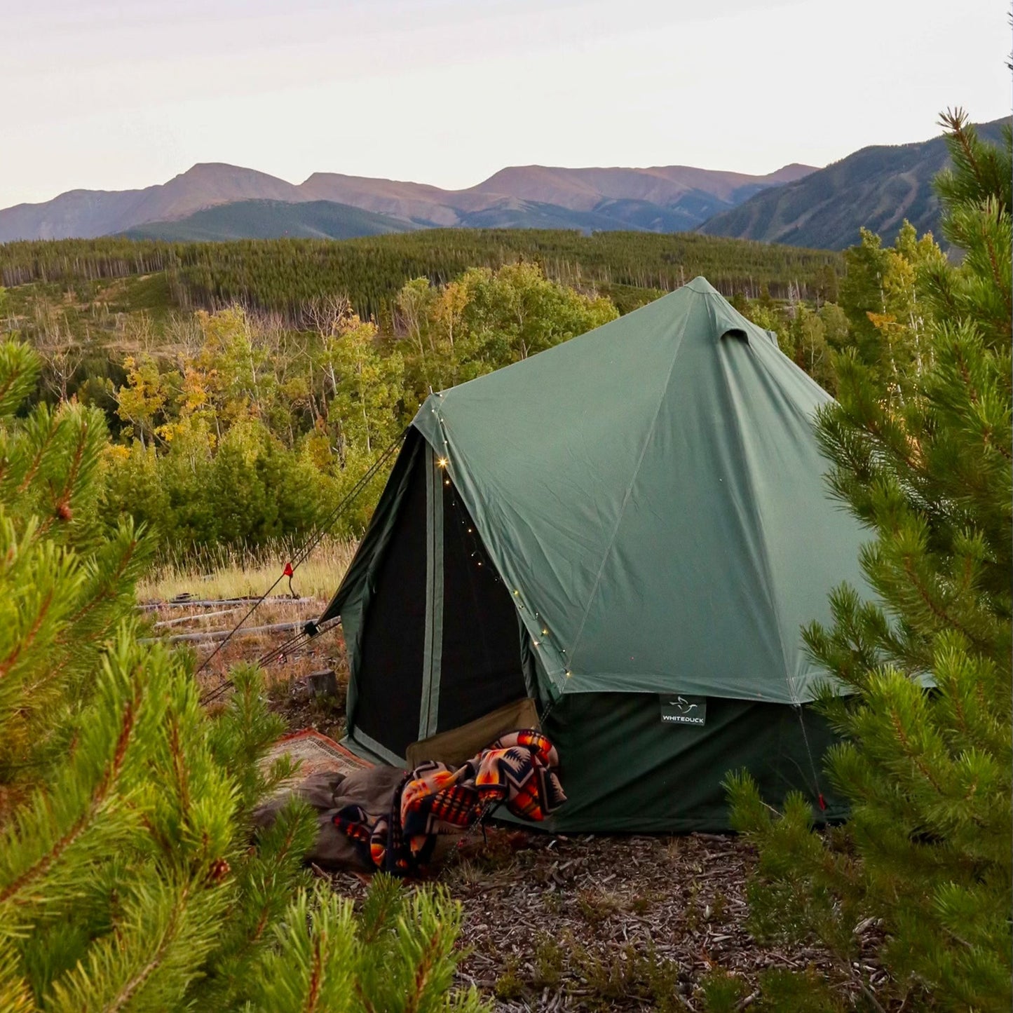 Green tent set up in a forest with mountains in the background