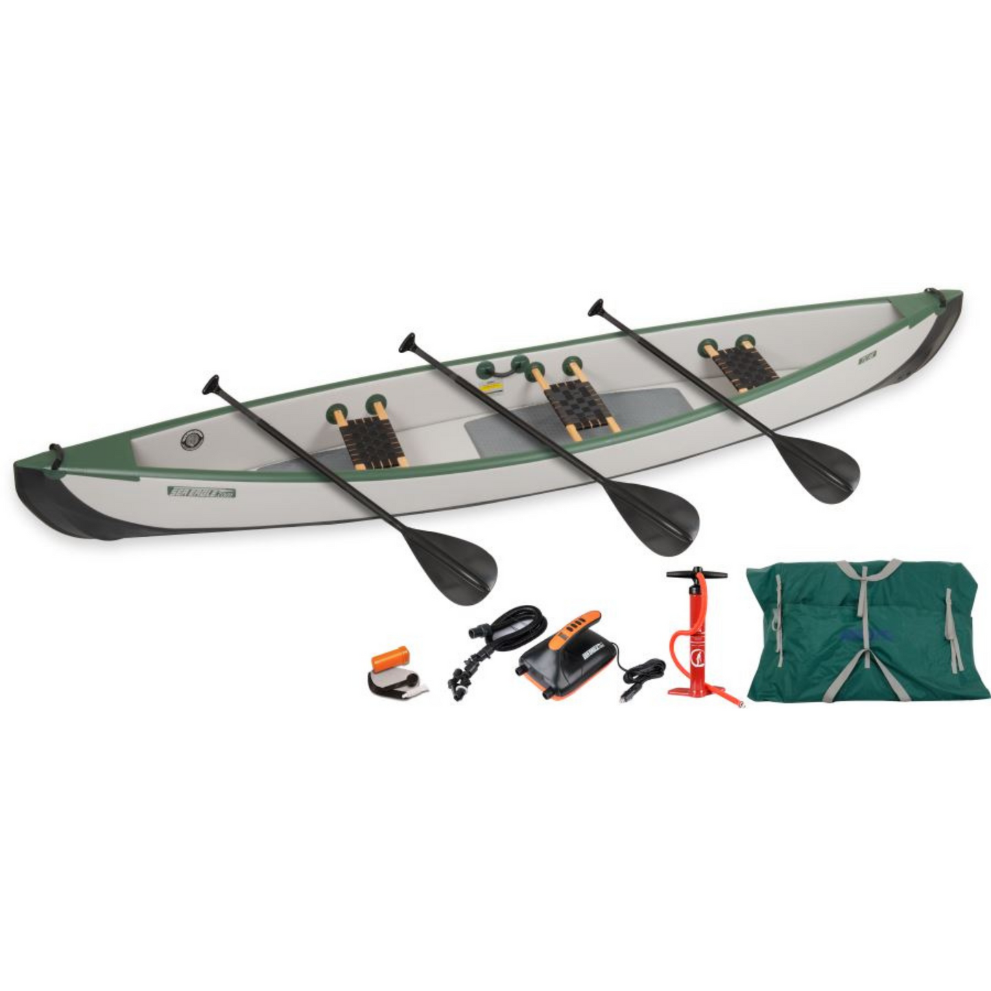 Sea Eagle Travel Canoe 16 Wood/Web Seats for 3 Electric Pump Package
