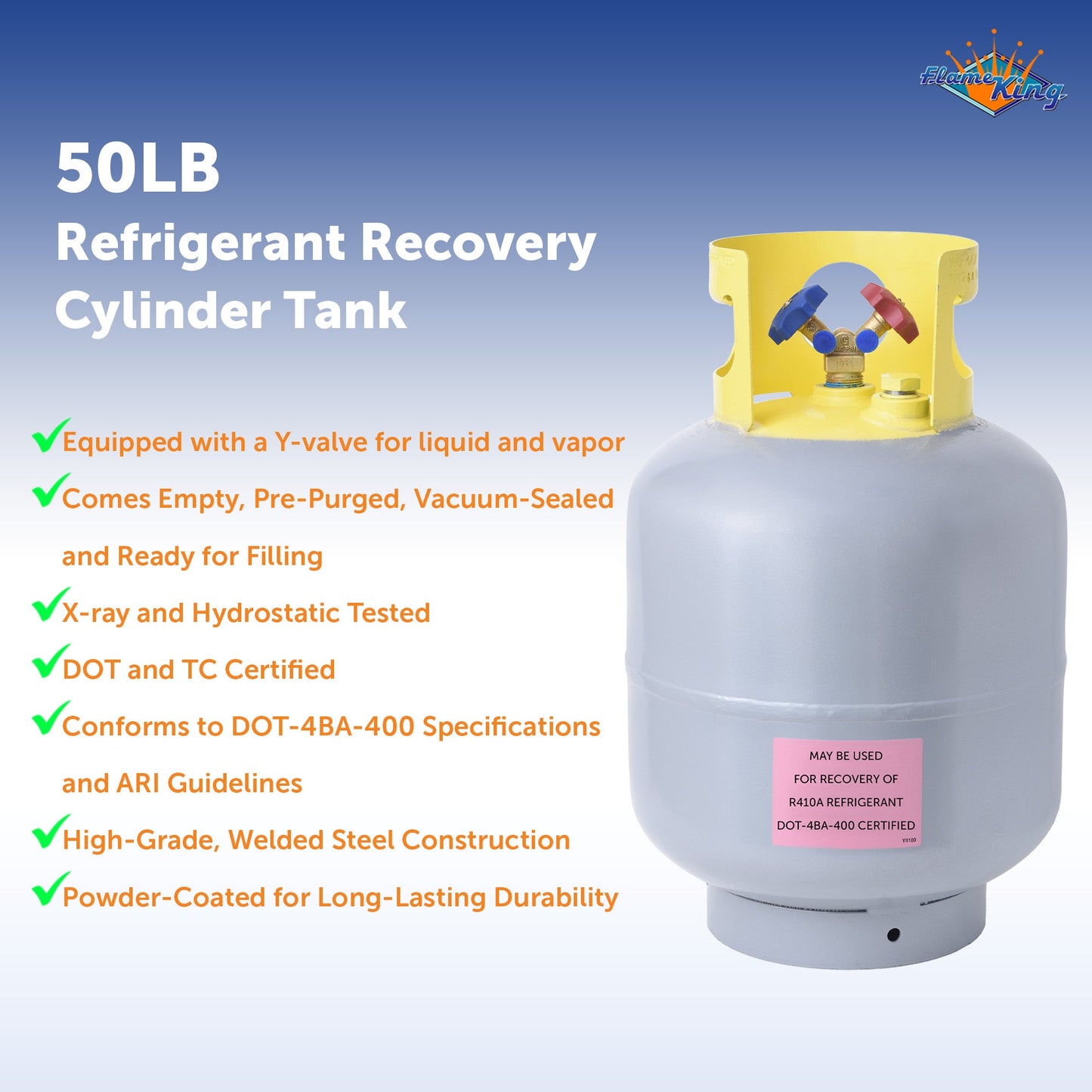 Flame King 50lb Refrigerant Cylinder Recovery Tank with SCG Y-Valve