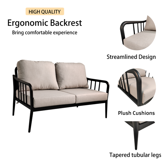 PolyTEAK 2-Piece Modern Patio Set: Ember Black Aluminum Loveseat with Plush Cushions & Oval Marble-Look Coffee Table