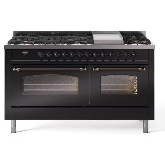 ILVE Nostalgie II 60" Dual Fuel Natural Gas Range, Glossy Black, Bronze Trim UP60FNMPBKB