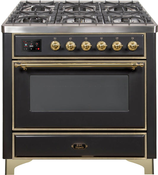 ILVE Majestic II 36" Liquid Propane Dual Fuel Range Matte Graphite Brass Trim UM09FDNS3MGGLP