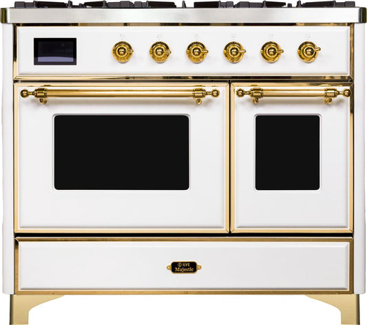 ILVE Majestic II 40" Liquid Propane Dual Fuel Range White Brass Trim UMD10FDNS3WHGLP