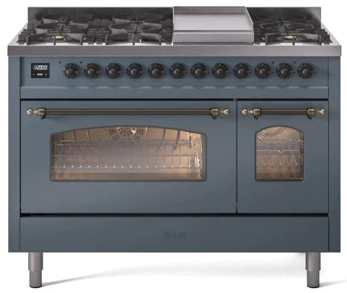 ILVE Nostalgie II 48" Dual Fuel Liquid Propane Range, Blue Grey, Bronze Trim UP48FNMPBGBLP