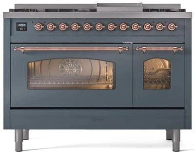 ILVE Nostalgie II 48" Dual Fuel Natural Gas Range, Blue Grey, Copper Trim UP48FNMPBGP