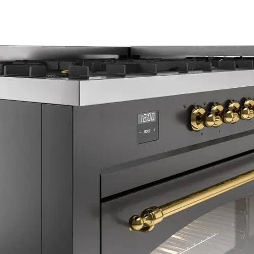 ILVE Nostalgie II 60" Dual Fuel Natural Gas Range, Matte Graphite, Brass Trim UP60FNMPMGG