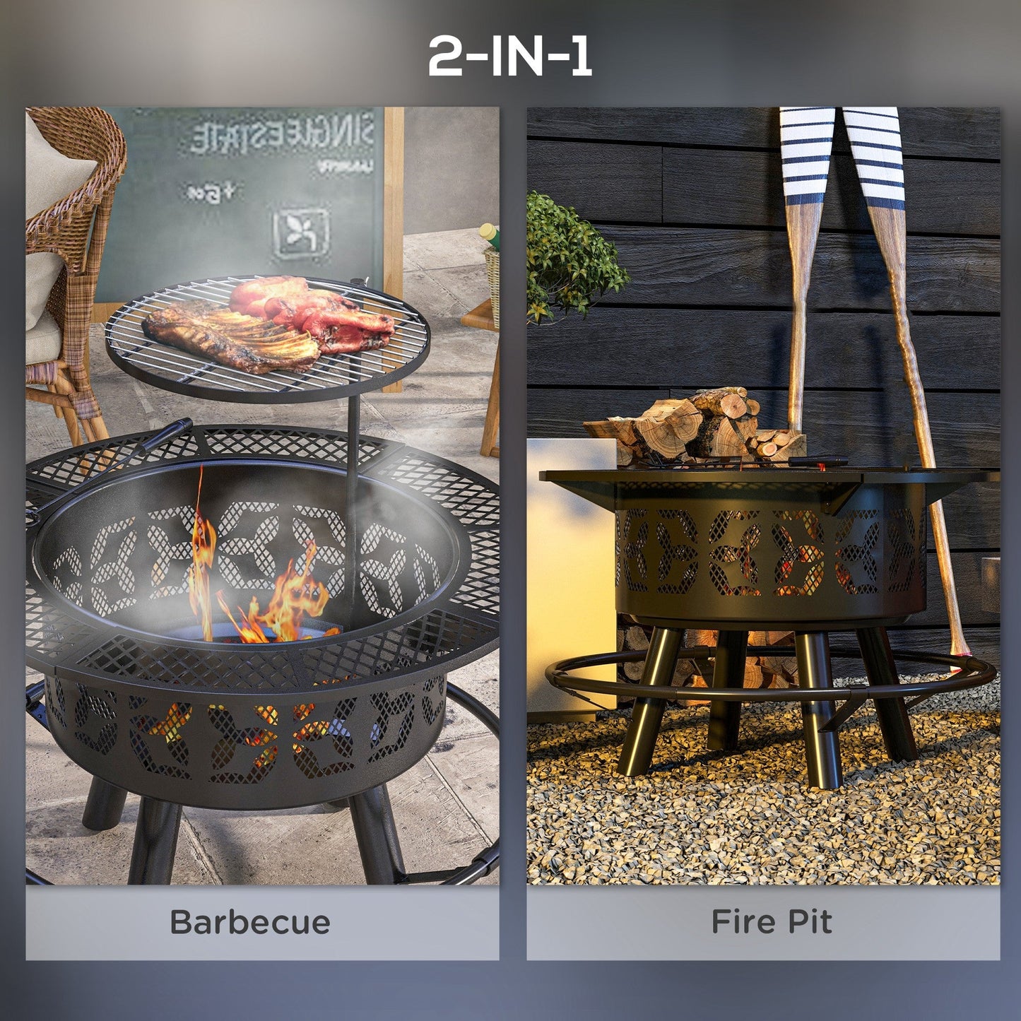 PolyTEAK 2-in-1 Black Portable Fire Pit for BBQ Grill, Camping Bonfire Stove, Backyard, Patio, Picnic