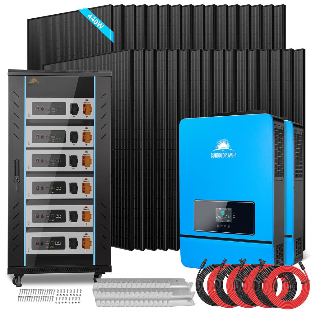 SunGoldPower OFF GRID SOLAR KIT 20KW 48VDC 120V/240V LIFEPO4 30.72KWH-32.14KWH LITHIUM BATTERY 32 X 450 WATTS SOLAR PANELS SGR-20K30E