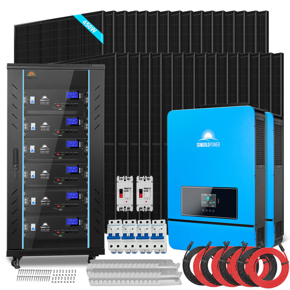 SunGoldPower OFF GRID SOLAR KIT 20KW 48VDC 120V/240V LIFEPO4 30.72KWH-32.14KWH LITHIUM BATTERY 32 X 450 WATTS SOLAR PANELS SGR-20K30E