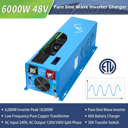 SunGoldPower 6000W DC 24V/ 48V Split Phase Pure Sine Wave Inverter With Charger