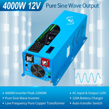 SunGoldPower 2000W/ 3000W/ 4000W DC 12V Pure Sine Wave Inverter With Charger