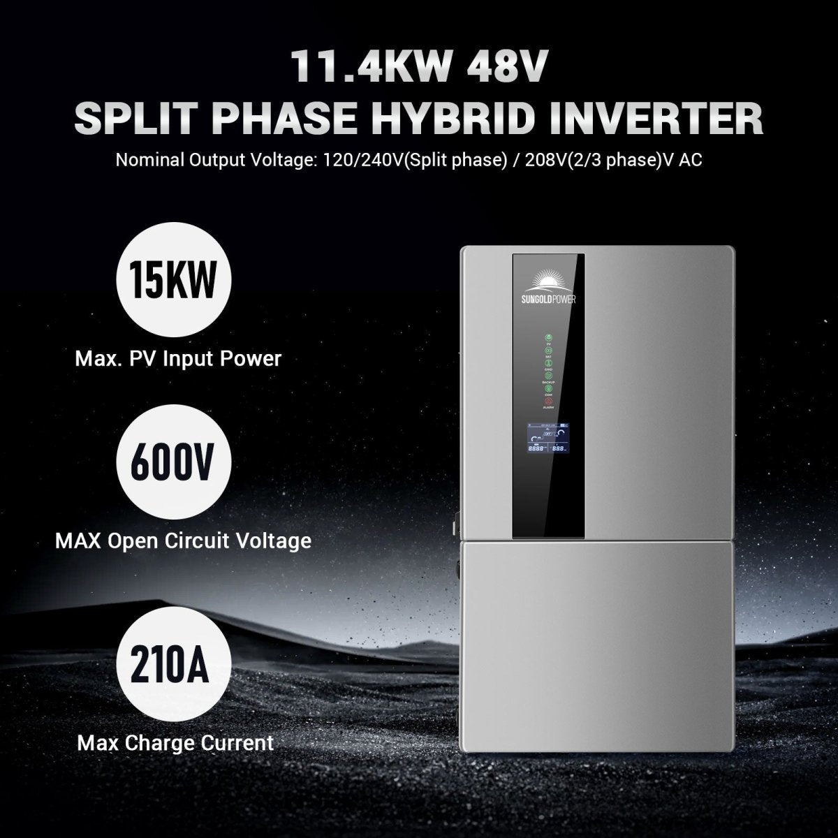 SunGoldPower Hybrid Solar Kit 11.4KW 48V Split Phase 51.2 KWH Lithium Battery 36 X 450 Watt Solar Panel (Optional) SGH-11N5E