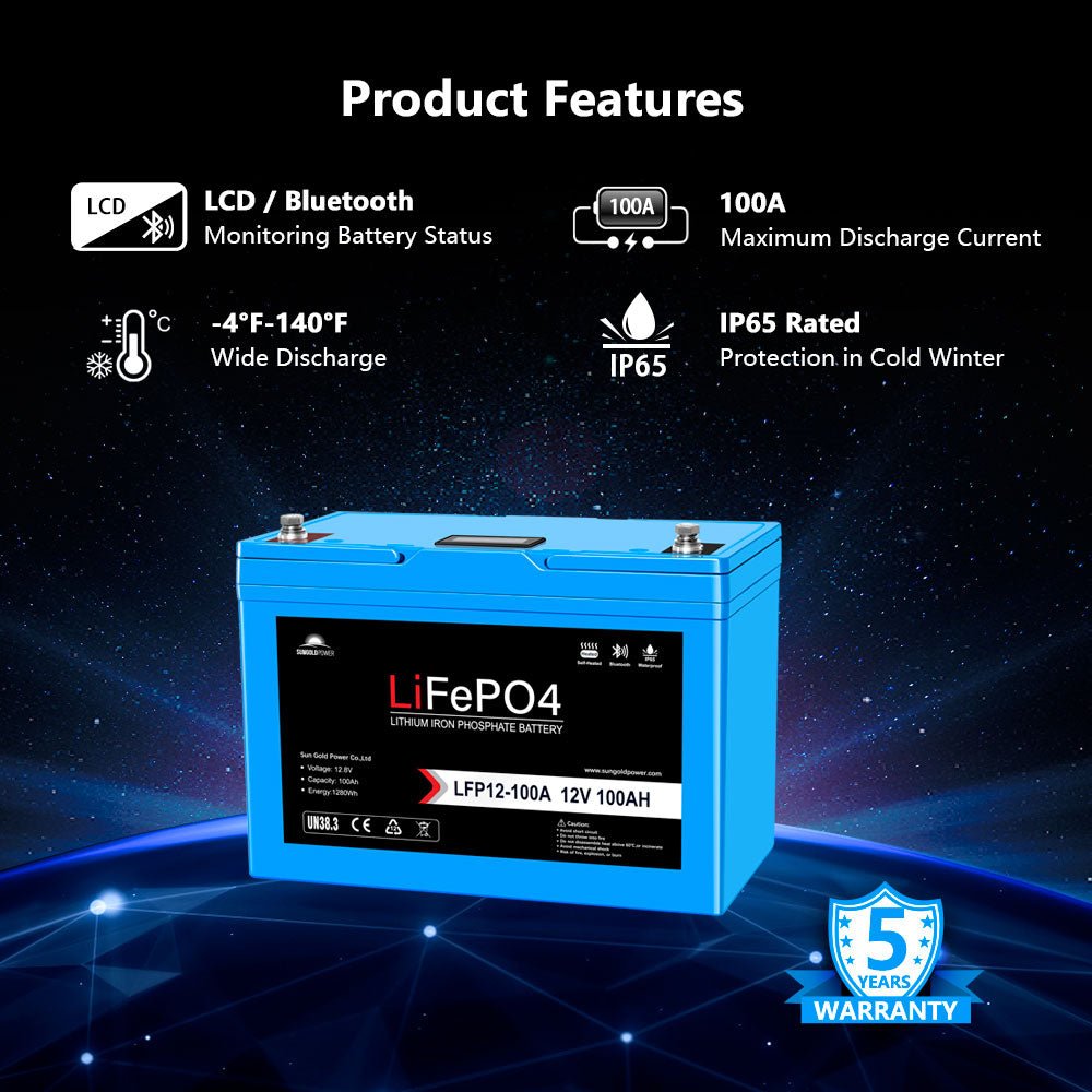 SunGoldPower 2 X 12V 100AH LiFePO4 Deep Cycle Lithium Battery / Bluetooth /Self-heating / IP65