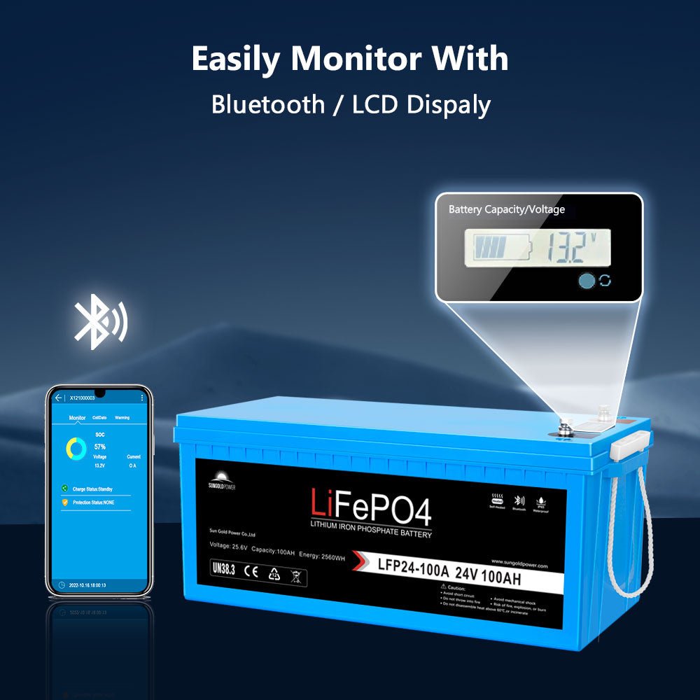 SunGoldPower 2 X 24V 100Ah LiFePo4 Deep Cycle Lithium Battery Bluetooth / Self-Heating / IP65