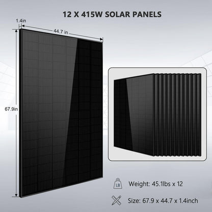 SunGoldPower Off Grid Solar Kit 10000W 48VDC 120VAC/240V 20.48KWH Powerwall Lithium Battery 12 X 415 Watts Solar Panels SGM-10M2T