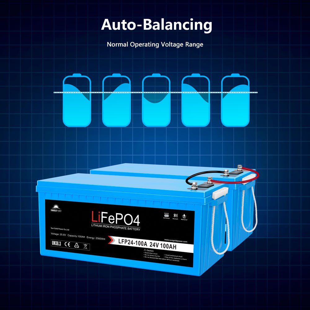SunGoldPower 2 X 24V 100Ah LiFePo4 Deep Cycle Lithium Battery Bluetooth / Self-Heating / IP65