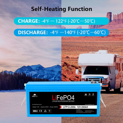 SunGoldPower 12V 100Ah/ 200Ah LiFePo4 Deep Cycle Lithium Battery Bluetooth / Self-Heating / IP65