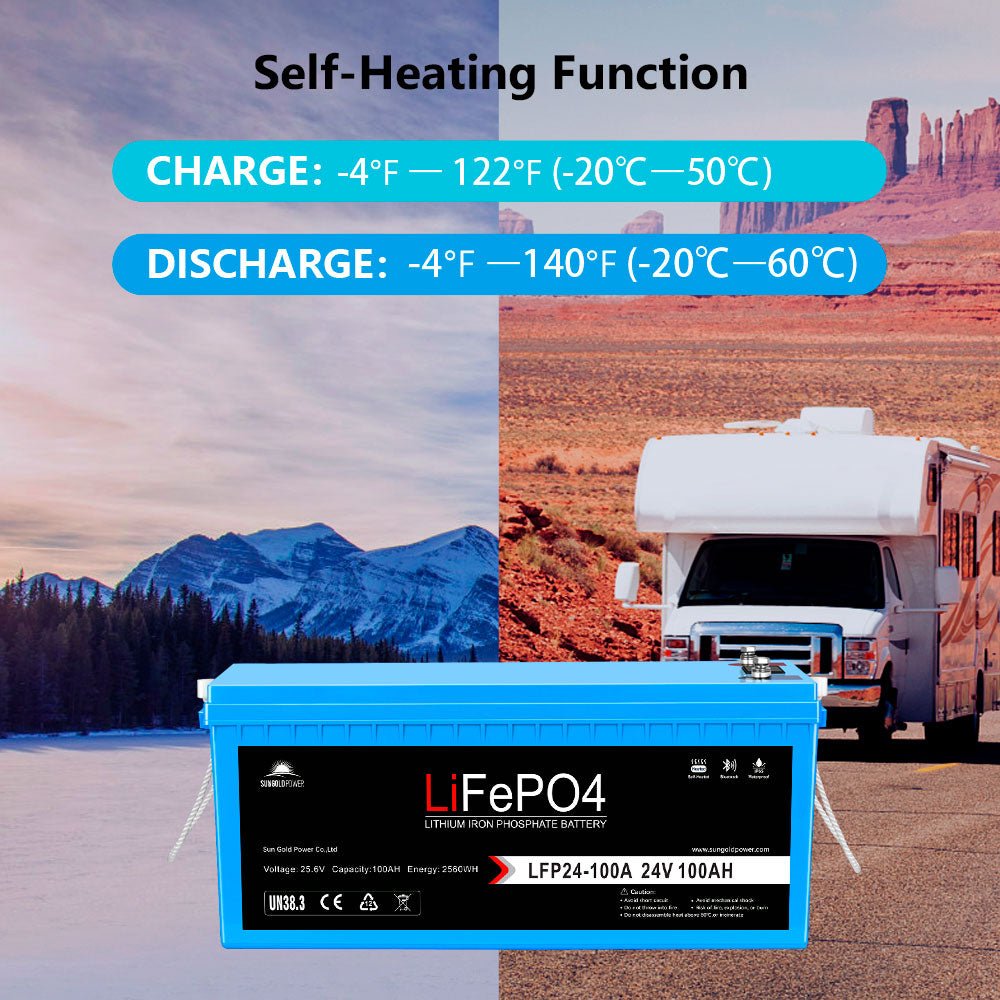 SunGoldPower 2 X 24V 100Ah LiFePo4 Deep Cycle Lithium Battery Bluetooth / Self-Heating / IP65
