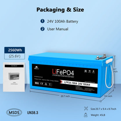 SunGoldPower 2 X 24V 100Ah LiFePo4 Deep Cycle Lithium Battery Bluetooth / Self-Heating / IP65