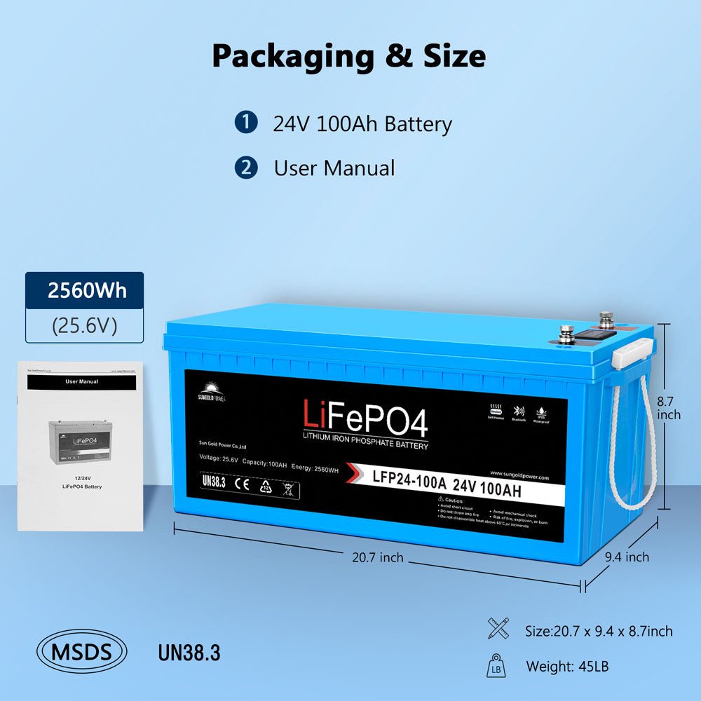 SunGoldPower 4 X 24V 100Ah LiFePo4 Deep Cycle Lithium Battery Bluetooth / Self-Heating / IP65