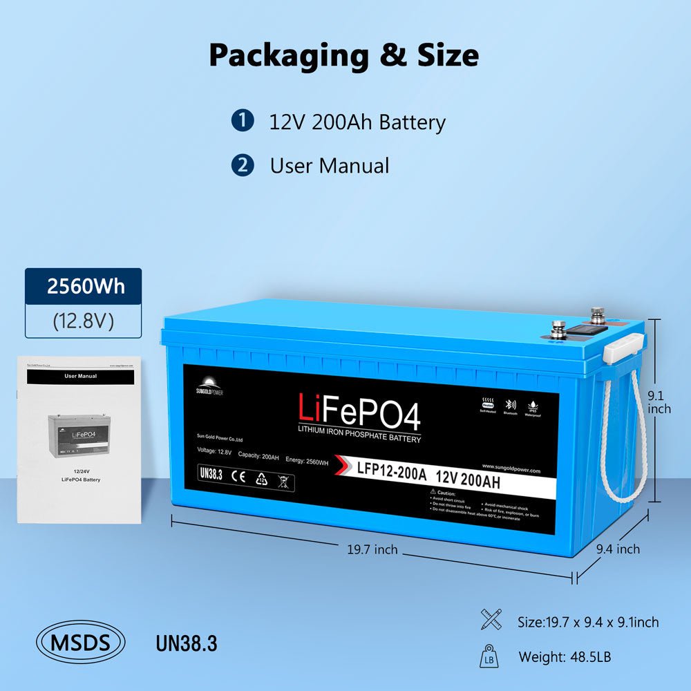SunGoldPower 12V 100Ah/ 200Ah LiFePo4 Deep Cycle Lithium Battery Bluetooth / Self-Heating / IP65