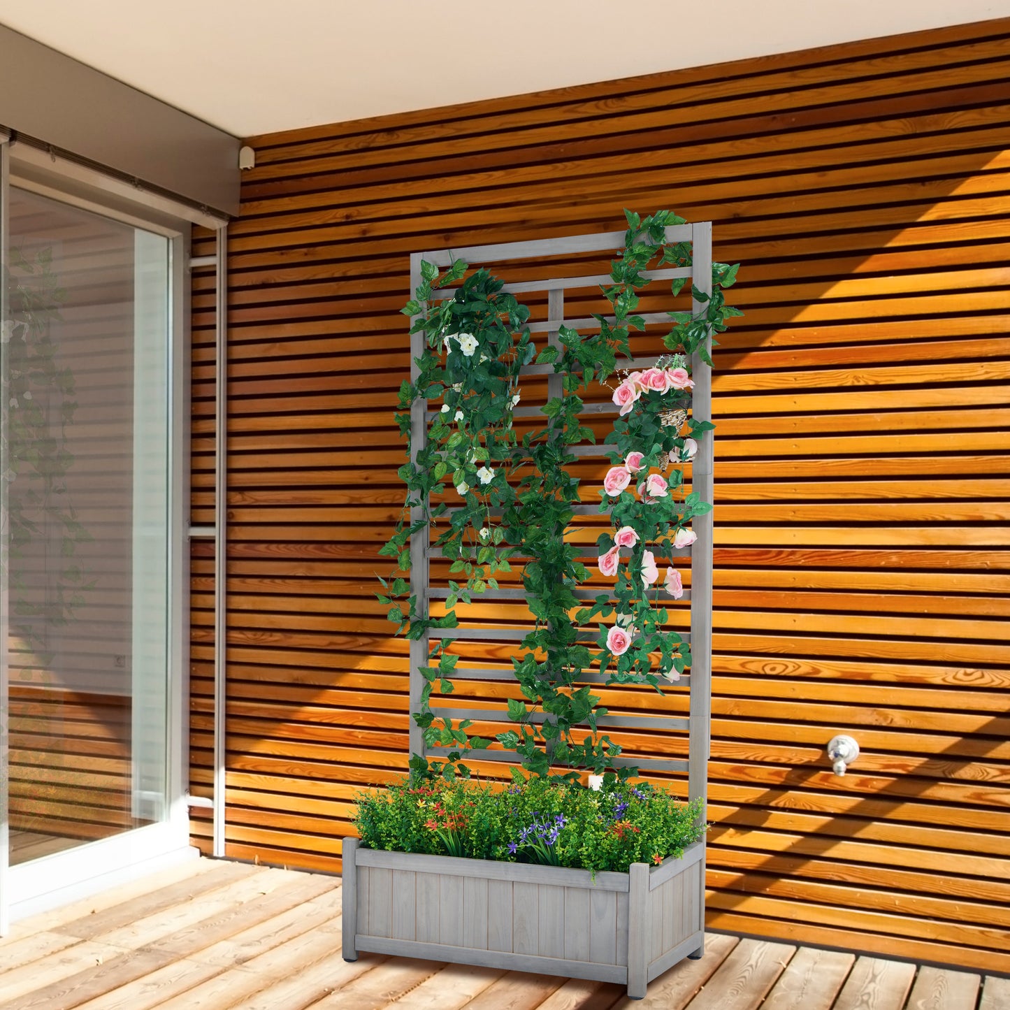 PolyTEAK Raised Garden Bed with Trellis, Outdoor Wooden Planter Box for Climbing Plants, Vegetables, and Herb Growing