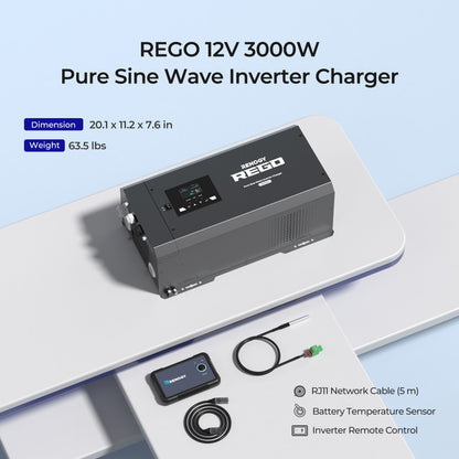 Renogy REGO 12V 3000W Pure Sine Wave Inverter Charger w/ LCD Display