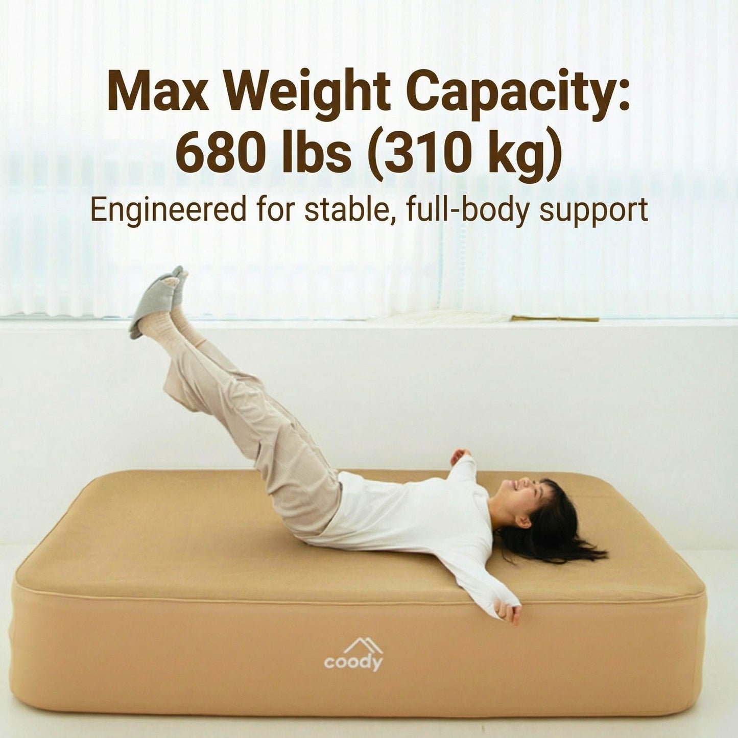 Coody Air Mattress Beige Queen (197×150×35 cm) – Premium Air Bed with Built-in Pump