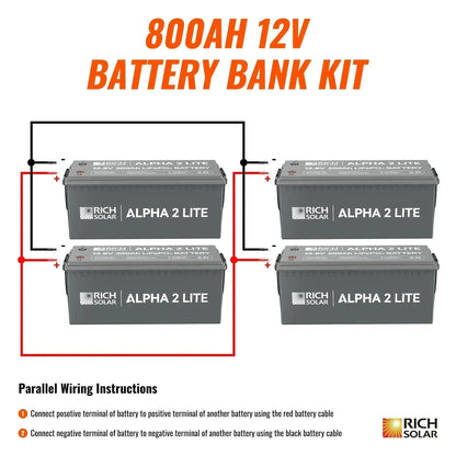 Rich Solar - 800Ah 12V LiFePO4 Off-Grid Battery Kit | 10.2kWh Deep Cycle Lithium Battery Bank | 4 X ALPHA 2 LITE in Parallel