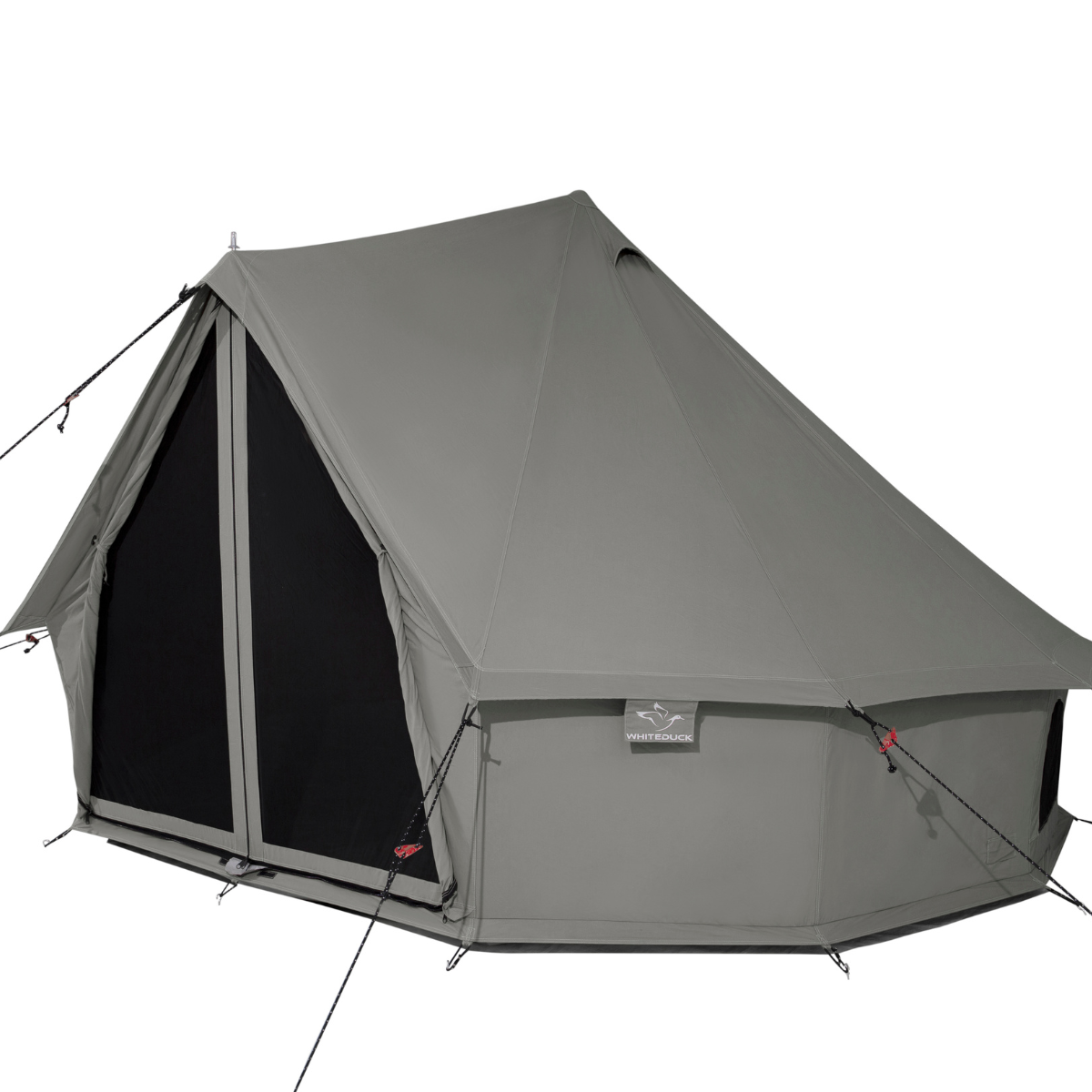 Gray camping tent with a black mesh side panel on a white background