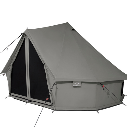 Gray camping tent with a black mesh side panel on a white background