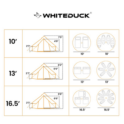 Whiteduck product dimensions chart with tent and bag measurements.